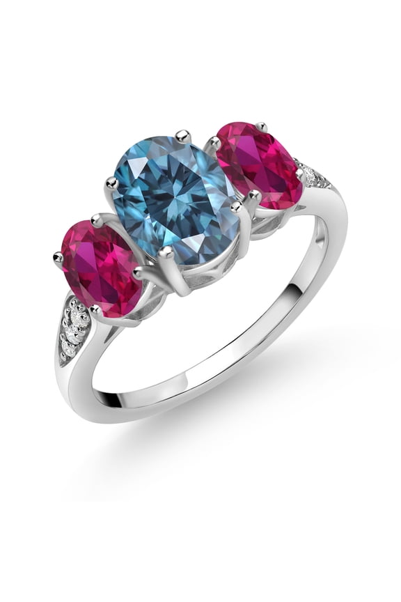 10K White Gold Persian Blue Moissanite Red Created Ruby and White Lab Grown Diamond 3 Stone Engagement Ring for Women (2.42 Cttw, Gemstone Birthstone, Available in Size 5, 6, 7, 8, 9)