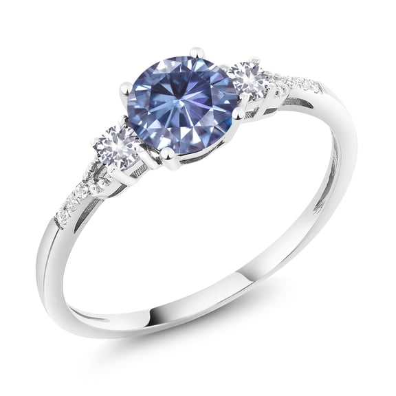 Gem Stone King 10K White Gold Persian Blue Moissanite White Created Sapphire and White Diamond Accent 3-Stone Engagement Ring for Women (0.94 Cttw, Round 6MM, Gemstone Birthstone, Size 6.5)