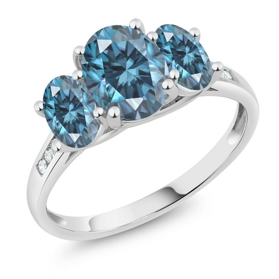 Gem Stone King 10K White Gold Persian Blue Moissanite and White Diamond Oval 3-Stone Engagement Ring for Women | 2.28 Cttw | Oval 8X6MM and 6X4MM | Available in Size 5, 6, 7, 8, 9