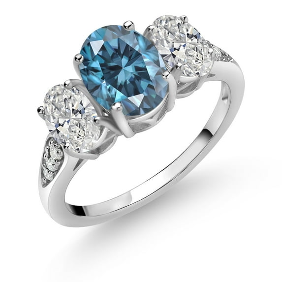 Gem Stone King 10K White Gold Persian Blue Moissanite and White Lab Grown Diamond Engagement Ring for Women | 2.22 Cttw | Oval 8X6MM | Available in Size 5,6,7,8,9