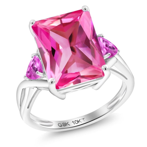 Gem Stone King 10K White Gold Pink Created Sapphire 3 Stone Engagement Ring for Women (10.60 Cttw, Emerald Cut 14X10MM, Trillion 4MM, Size 6)