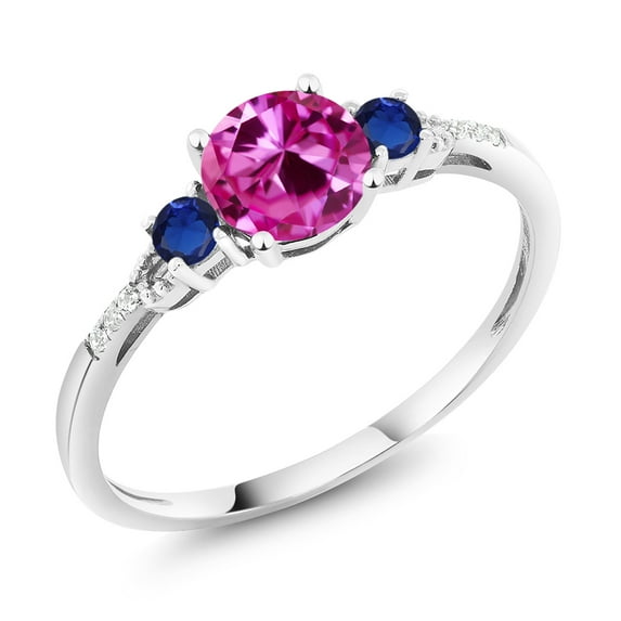 Gem Stone King 10K White Gold Pink Created Sapphire Blue Created Sapphire and White Diamond Accent 3-Stone Engagement Ring for Women (1.14 Cttw, Round 6MM, Gemstone September Birthstone, Size 5)