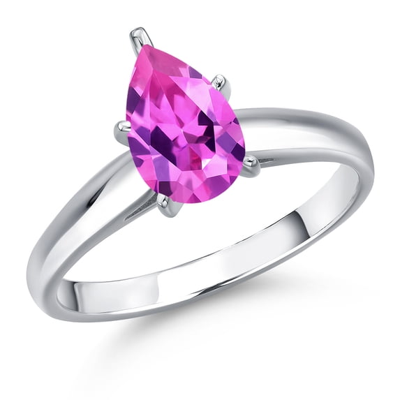Gem Stone King 10K White Gold Pink Created Sapphire Engagement Ring for Women | 0.98 Cttw | Pear Shape 8X5MM | Gemstone September Birthstone | Size 5