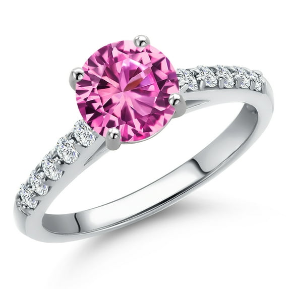 Gem Stone King 10K White Gold Pink Created Sapphire and Lab Grown Diamond Engagement Ring for Women | 1.86 Cttw | Round 7MM | Gemstone September Birthstone | Size 7