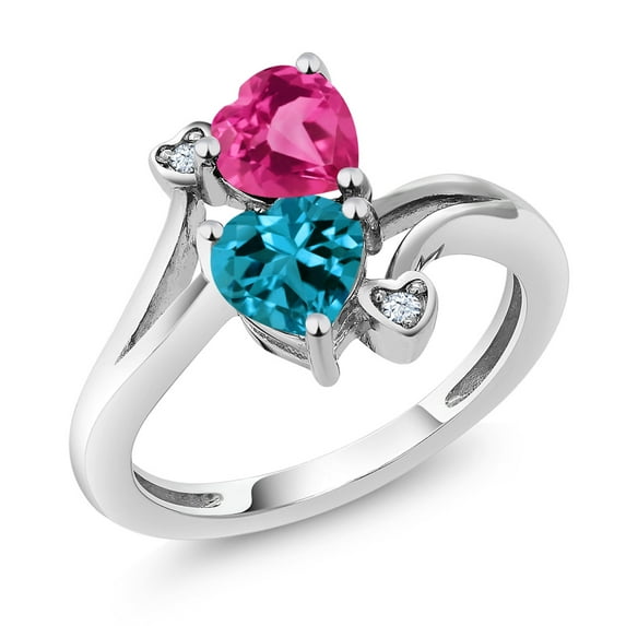 Gem Stone King 10K White Gold Pink Created Sapphire and London Blue Topaz Heart Shape Ring for Women | 1.78 Cttw | Gemstone Birthstone, Size 8)
