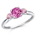 thumbnail image 1 of Gem Stone King 10K White Gold Pink Created Sapphire and Pink Lab Grown Diamond 3-Stone Ring for Women | 1.26 Cttw | Round 6MM | Gemstone September Birthstone | Size 5, 1 of 6