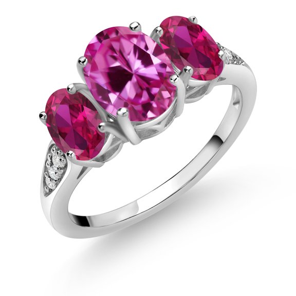 Gem Stone King 10K White Gold Pink Created Sapphire Red Created Ruby and White Lab Grown Diamond 3 Stone Engagement Ring for Women (2.69 Cttw, Gemstone Birthstone, Available in Size 5, 6, 7, 8, 9)