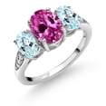 thumbnail image 1 of Gem Stone King 10K White Gold Pink Created Sapphire Sky Blue Topaz and White Lab Grown Diamond 3 Stone Engagement Ring for Women (2.69 Cttw, Gemstone Birthstone, Size 9), 1 of 5