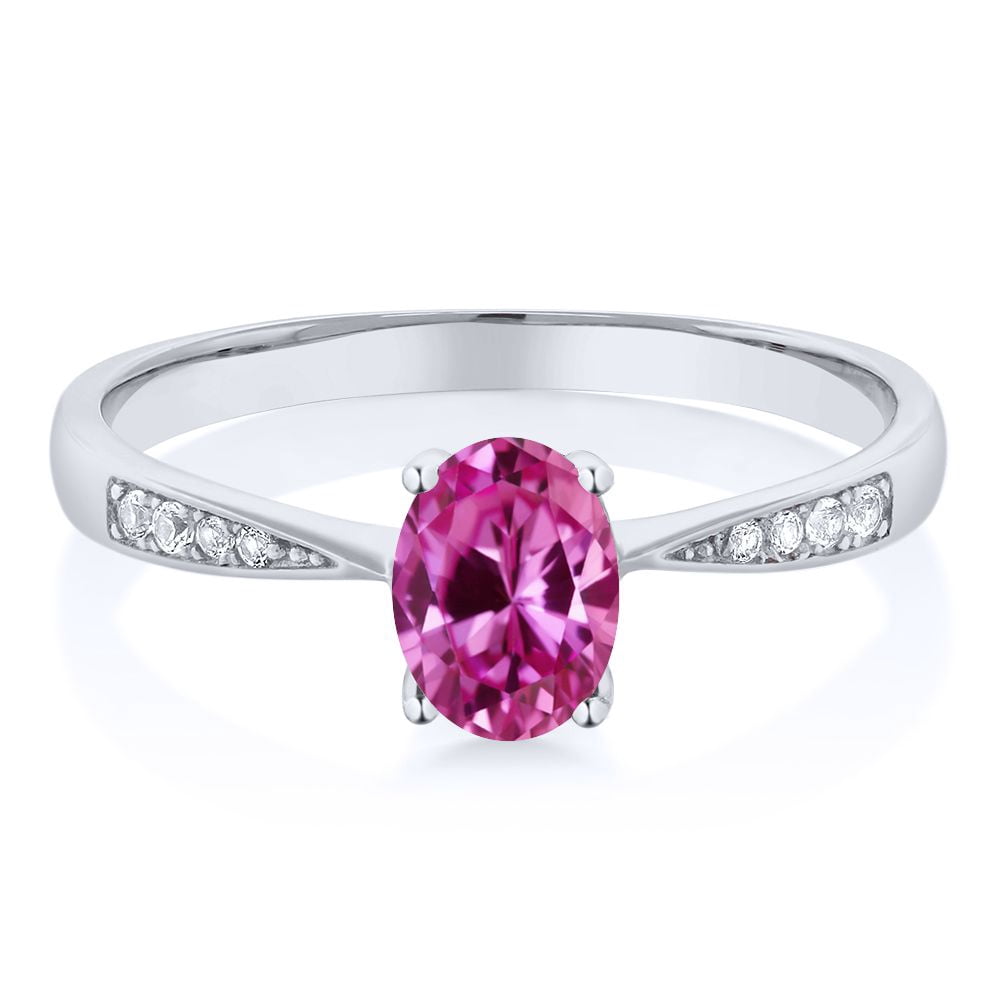 Gem Stone King 10K White Gold Pink Created Sapphire and White Diamond Engagement Ring for Women (0.96 Cttw, Gemstone September Birthstone, Oval 7X5MM, Available in Size 5, 6, 7, 8, 9)