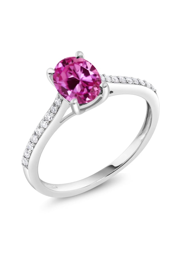 10K White Gold Pink Created Sapphire and White Diamond Solitaire Engagement Ring for Women | 1.78 Cttw | Oval 8X6MM | Gemstone September Birthstone | Size 9