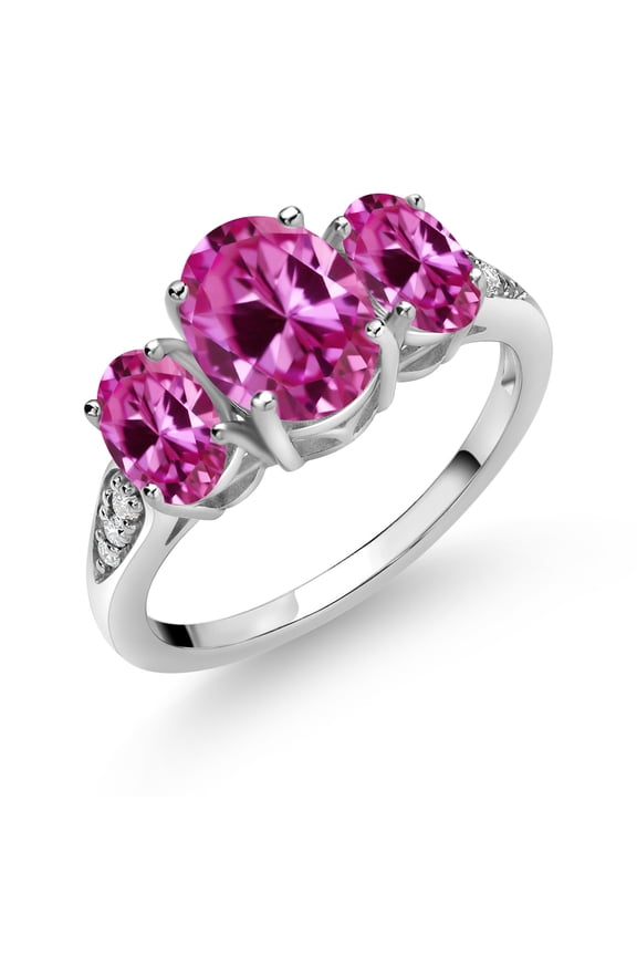 10K White Gold Pink Created Sapphire and White Lab Grown Diamond 3 Stone Engagement Ring for Women (2.69 Cttw, Gemstone Birthstone, Available in Size 5, 6, 7, 8, 9)