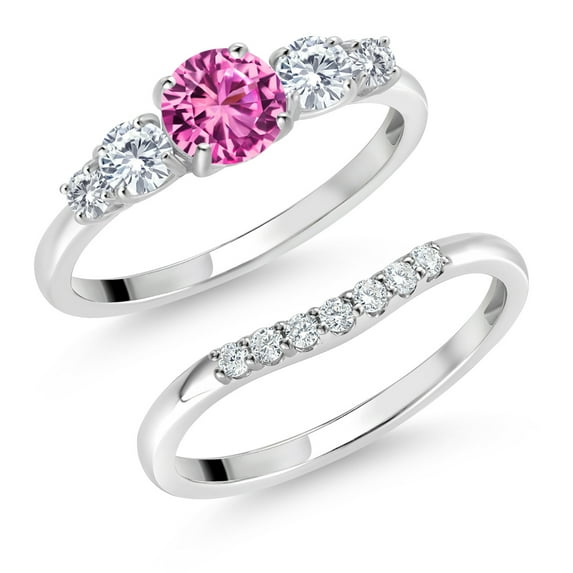 Gem Stone King 10K White Gold Pink Created Sapphire and White Lab Grown Diamond 5 Stone Bridal Engagement Wedding Ring Set for Women (0.86 Cttw, Round: 5MM and 3MM, Size 5)