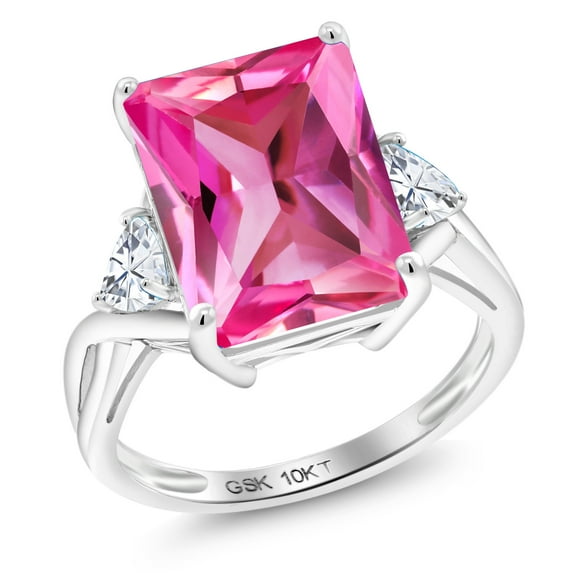 Gem Stone King 10K White Gold Pink Created Sapphire and White Moissanite 3 Stone Engagement Ring for Women (10.46 Cttw, Emerald Cut 14X10MM, Trillion 4MM, Size 5)