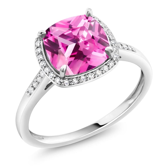 Gem Stone King 10K White Gold Pink Created Sapphire and White Diamond Women's Engagement Ring (3 Cttw, Cushion 8MM, Available in Size 5, 6, 7, 8, 9)