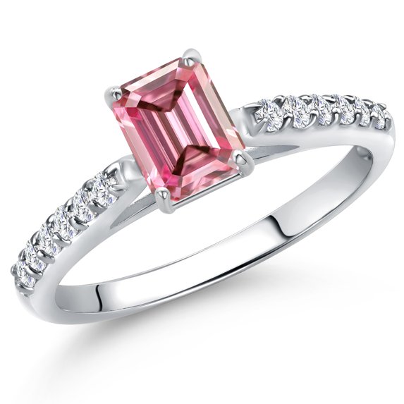 Gem Stone King 10K White Gold Pink and White Lab Grown Diamond Engagement Ring for Women | 0.63 Cttw | Emerald Cut 6X4MM | Gemstone April Birthstone | Size 5