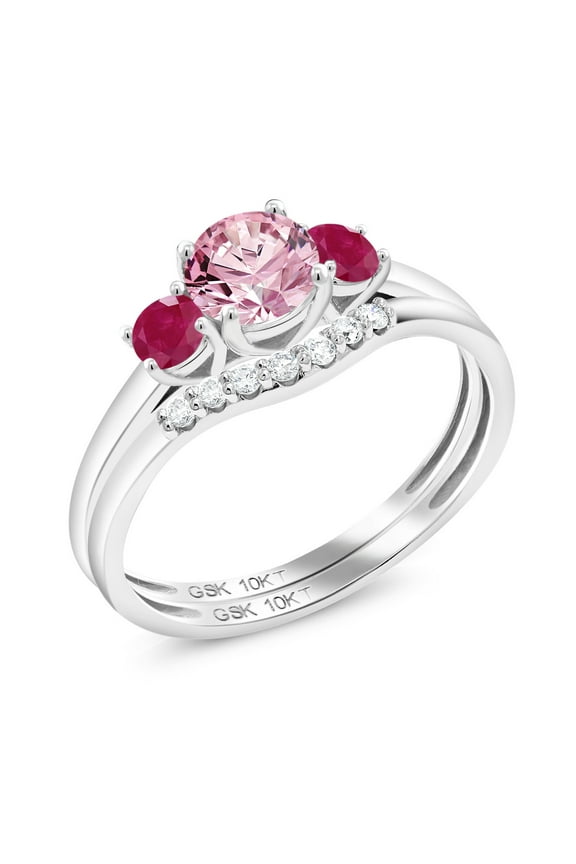 10K White Gold Pink Lab Grown Diamond and Red Ruby and Lab Grown Diamond Bridal-Sets Ring for Women | 0.87 Cttw | Round 5MM | Gemstone April Birthstone | Size 7
