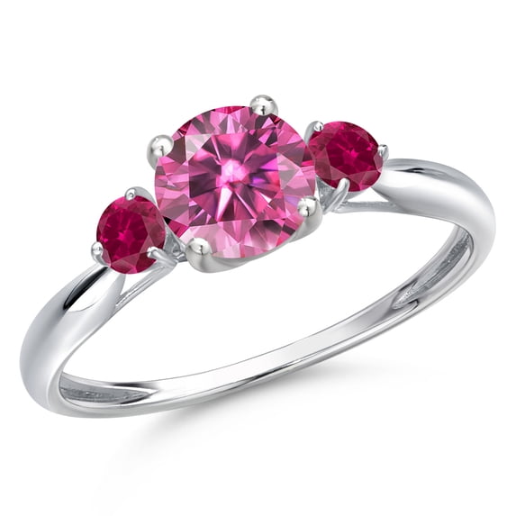 Gem Stone King 10K White Gold Pink Moissanite and Red Created Ruby 3-Stone Ring for Women | 1.08 Cttw | Round 6MM | Gemstone Birthstone | Size 5