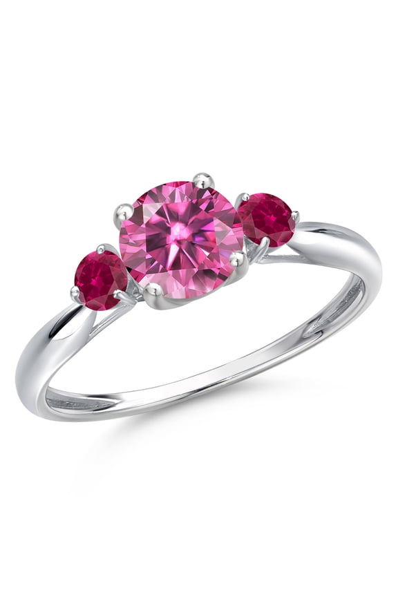 10K White Gold Pink Moissanite and Red Created Ruby 3-Stone Ring for Women | 1.08 Cttw | Round 6MM | Gemstone Birthstone | Size 8