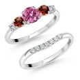 thumbnail image 1 of Gem Stone King 10K White Gold Pink Moissanite Red Garnet and White Lab Grown Diamond 5 Stone Bridal Engagement Wedding Ring Set for Women (0.91 Cttw, Round: 5MM and 3MM, Size 8), 1 of 6