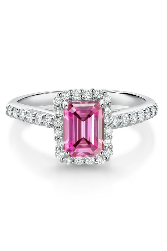 10K White Gold Pink Moissanite and White Lab Grown Diamond Halo Engagement Wedding Ring for Women (1.34 Cttw, Emerald Cut 7X5MM, Size 5)