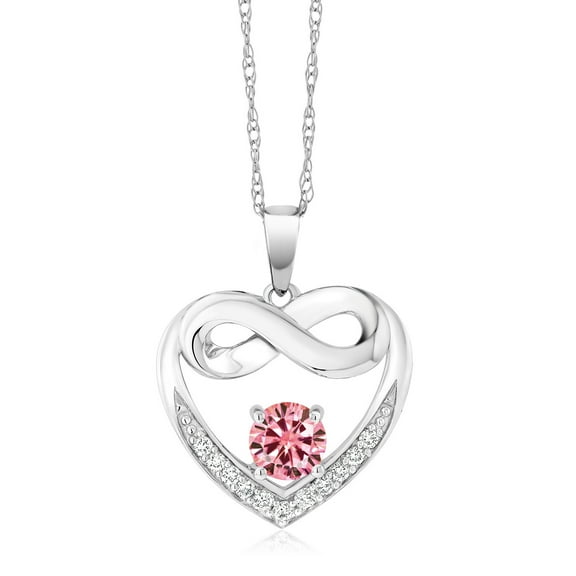 Gem Stone King 10K White Gold Pink Moissanite and White Lab Grown Diamond Heart and Infinity Pendant Necklace for Women (0.92 Cttw, Round 5MM, with 18 inch Silver Chain)