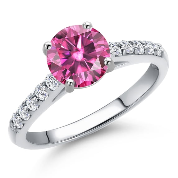 Gem Stone King 10K White Gold Pink Moissanite and Lab Grown Diamond Engagement Ring for Women | 1.40 Cttw | Round 7MM | Gemstone Birthstone | Size 7