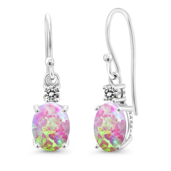 Gem Stone King 10K White Gold Pink Opal and White Diamond Dangle Earrings for Women (2.23 Cttw, Gemstone Birthstone, Oval 8x6mm)