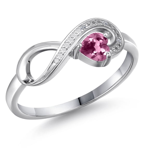 Gem Stone King 10K White Gold Pink Tourmaline and White Diamond Accent Infinity Ring for Women (0.24 Cttw, Heart Shape 4MM, Gemstone October Birthstone, Size 9)
