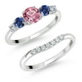 thumbnail image 1 of Gem Stone King 10K White Gold Pink and White Lab Grown Diamond Blue Created Sapphire 5 Stone Bridal Engagement Wedding Ring Set for Women (0.89 Cttw, Round, Size 6), 1 of 6