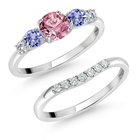 Gem Stone King 10K White Gold Pink and White Lab Grown Diamond Blue Tanzanite 5 Stone Bridal Engagement Wedding Ring Set for Women (0.91 Cttw, Round: 5MM and 3MM, Size 5)