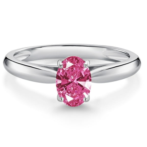 Gem Stone King 10K White Gold Pink Zirconia Solitaire Engagement Ring for Women (0.76 Cttw, Oval 7X5MM, Gemstone Birthstone, Size 5)