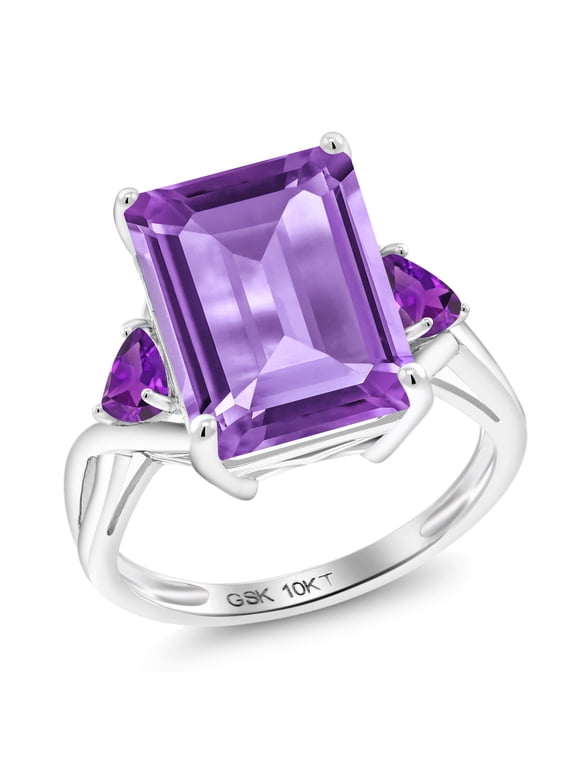 10K White Gold Purple Amethyst 3 Stone Engagement Ring for Women | 6.67 Cttw | Emerald Cut 14X10MM | Trillion 4MM | Three Stone Wedding Engagement Anniversary Ring for Women| Size 9