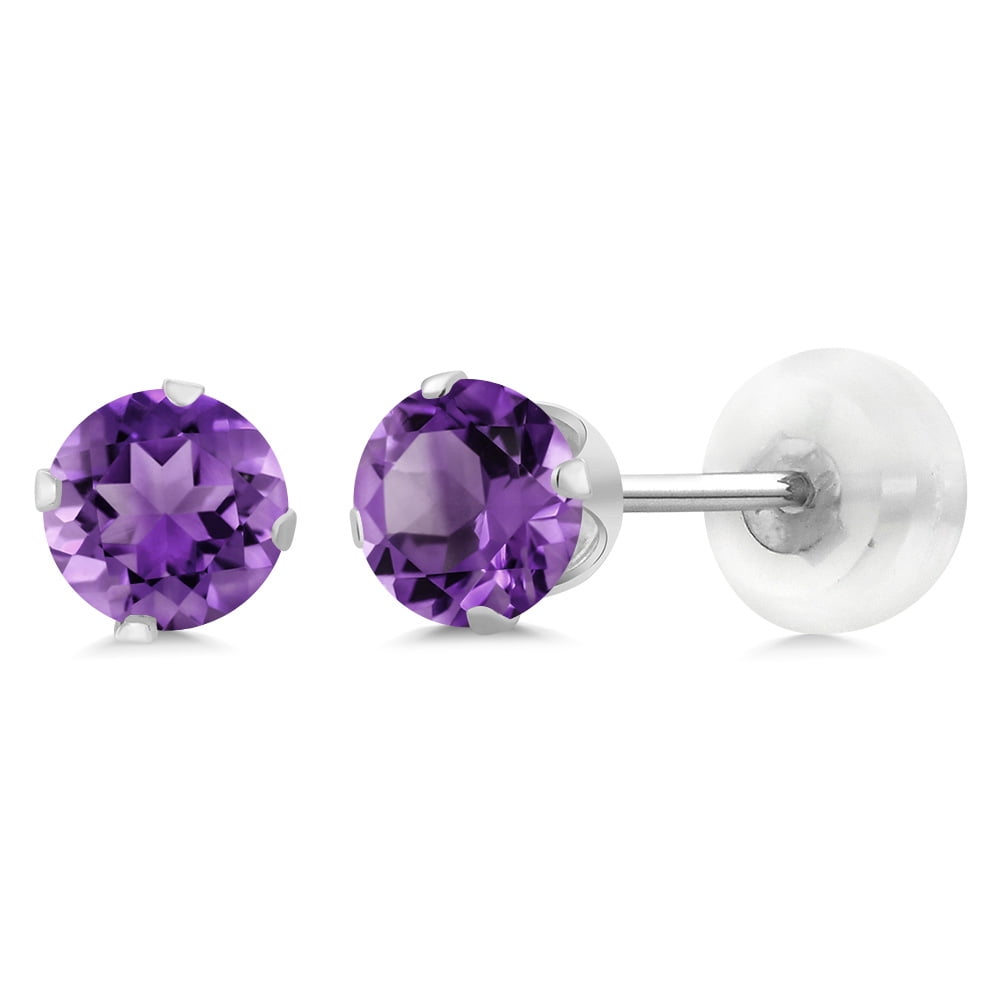 Gem Stone King 10K White Gold Purple Amethyst 4-prong Stud Earrings for Women Men (0.50 Cttw, Gemstone Birthstone, Round 4MM)