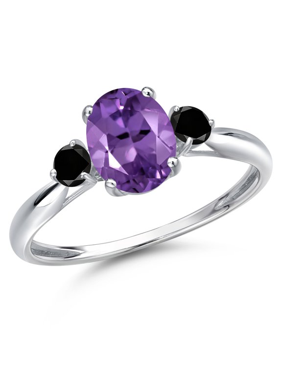 10K White Gold Purple Amethyst and Black Diamond 3-Stone Ring for Women | 1.35 Cttw | Oval 8X6MM | Gemstone February Birthstone | Size 5