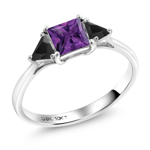 Gem Stone King 10K White Gold Purple Amethyst and Black Onyx 3 Stone Engagement Ring for Women (0.89 Cttw, Gemstone February Birthstone, Princess Center 5MM, Trillion 3.5MM, Size 5)