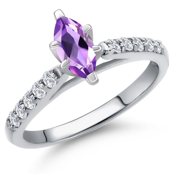 Gem Stone King 10K White Gold Purple Amethyst and Lab Grown Diamond Engagement Ring for Women | 0.61 Cttw | Marquise 8X4MM | Gemstone February Birthstone | Size 5