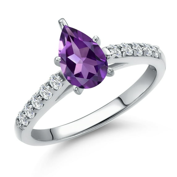 Gem Stone King 10K White Gold Purple Amethyst and Lab Grown Diamond Engagement Ring for Women | 0.98 Cttw | Pear Shape 8X5MM | Gemstone February Birthstone | Size 5
