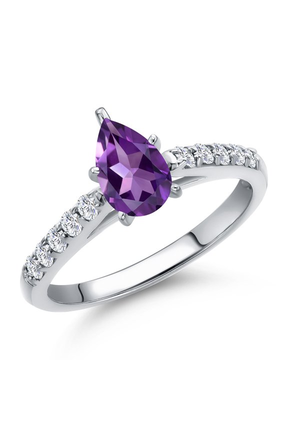 10K White Gold Purple Amethyst and Lab Grown Diamond Engagement Ring for Women | 0.98 Cttw | Pear Shape 8X5MM | Gemstone February Birthstone | Size 6