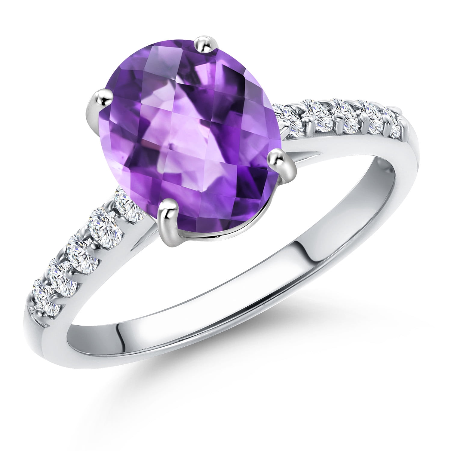 Gem Stone King 10K White Gold Purple Amethyst and Lab Grown Diamond Engagement Ring for Women | 1.70 Cttw | Oval Checkerboard 9X7MM | Gemstone February Birthstone | Size 9