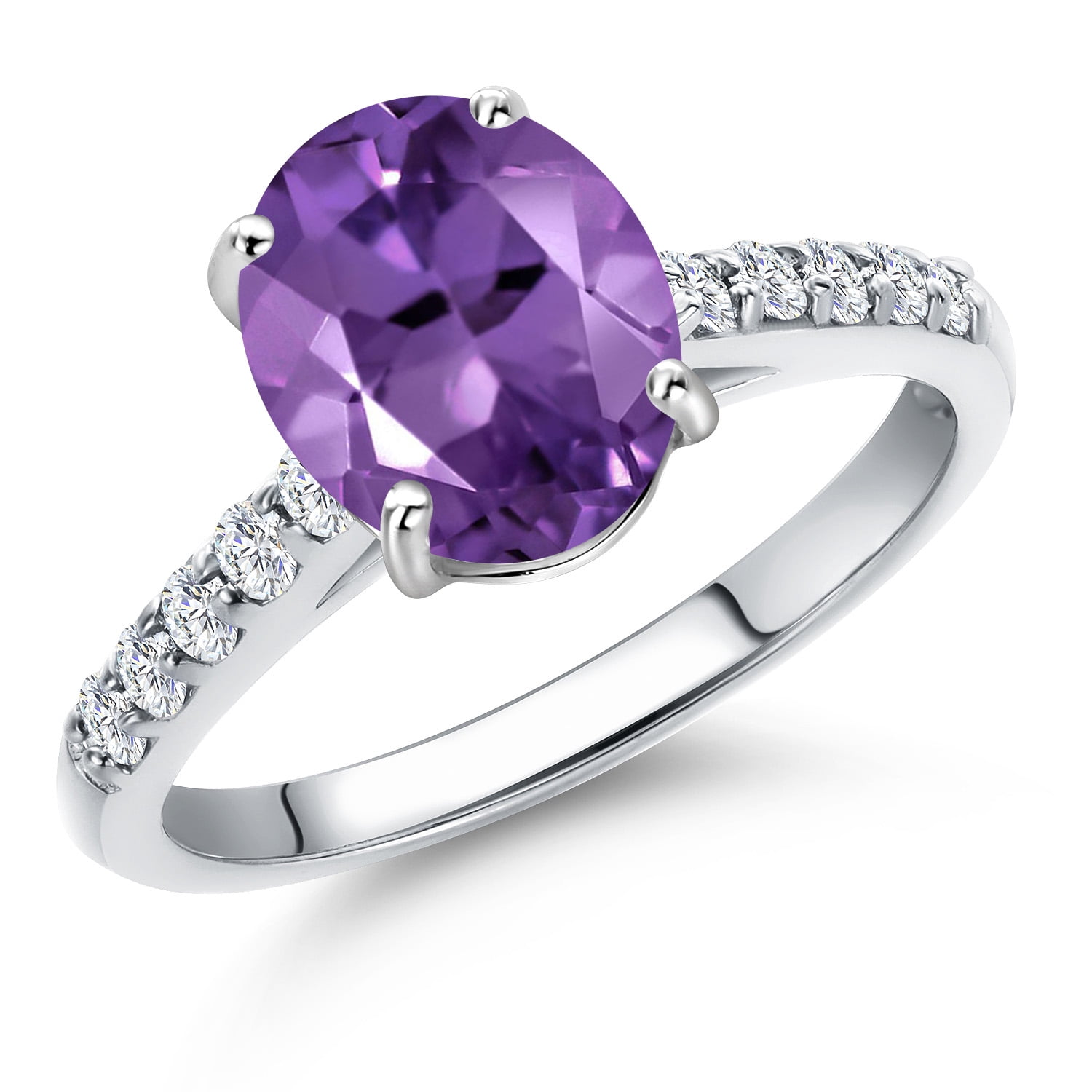 Gem Stone King 10K White Gold Purple Amethyst and Lab Grown Diamond Engagement Ring for Women | 1.80 Cttw | Oval 9X7MM | Gemstone February Birthstone | Size 6