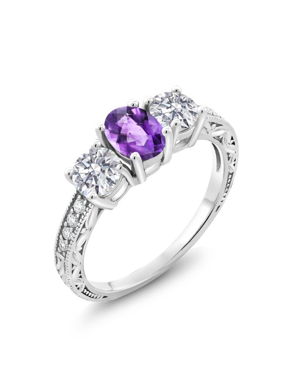 10K White Gold Purple Amethyst and Lab Grown Diamond Engagement Ring for Women | 1.87 Cttw | Oval Checkerboard 7X5MM | Gemstone February Birthstone | Size 9