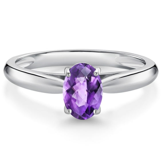 Gem Stone King 10K White Gold Purple Amethyst Solitaire Engagement Ring for Women (0.75 Cttw, Oval Checkerboard 7X5MM, Gemstone February Birthstone, Size 8)