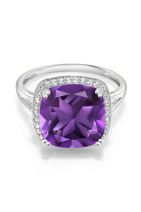 10K White Gold Purple Amethyst and White Created Sapphire Halo Engagement Ring for Women (6.74 Cttw, Cushion Cut 12MM, Gemstone February Birthstone, Size 5 to 9)
