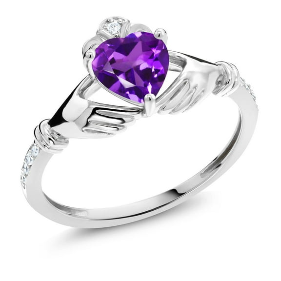 Gem Stone King 10K White Gold Purple Amethyst and White Diamond Irish Celtic Claddagh Engagement Ring for Women (0.86 Cttw, Heart Shape 6MM, Gemstone Birthstone, Available in Size 5, 6, 7, 8, 9)