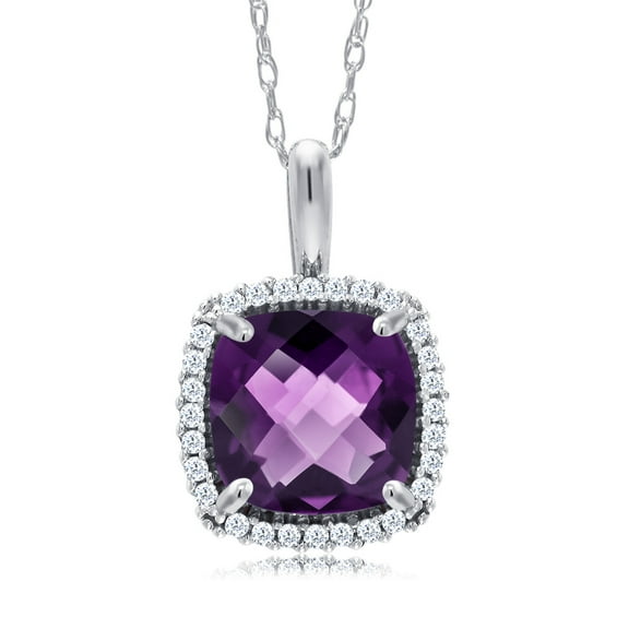 Gem Stone King 10K White Gold Purple Amethyst and White Diamond Pendant Necklace for Women (1.59 Cttw, Gemstone February Birthstone, Cushion Checkerboard Cut 7MM, with 18 inch Chain)