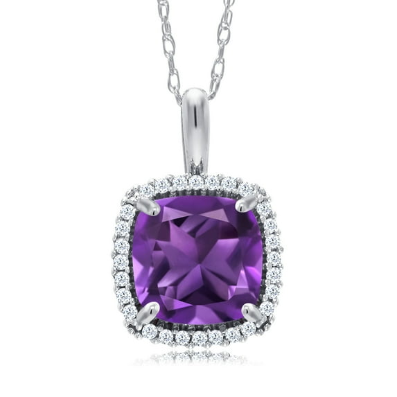 Gem Stone King 10K White Gold Purple Amethyst and White Diamond Pendant Necklace for Women (1.60 Cttw, Gemstone February Birthstone, Cushion Cut 7MM, with 18 inch Chain)