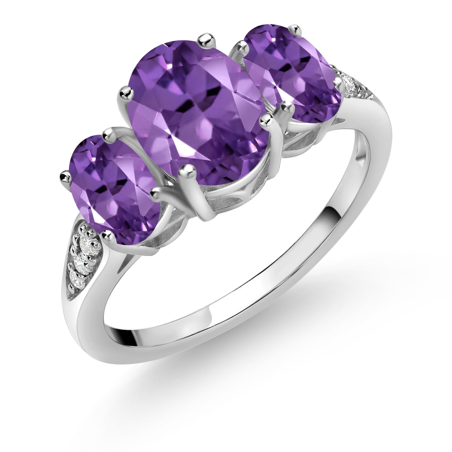Gem Stone King 10K White Gold Purple Amethyst and White Lab Grown Diamond 3 Stone Engagement Ring for Women (2.09 Cttw, Gemstone Birthstone, Available in Size 5, 6, 7, 8, 9)