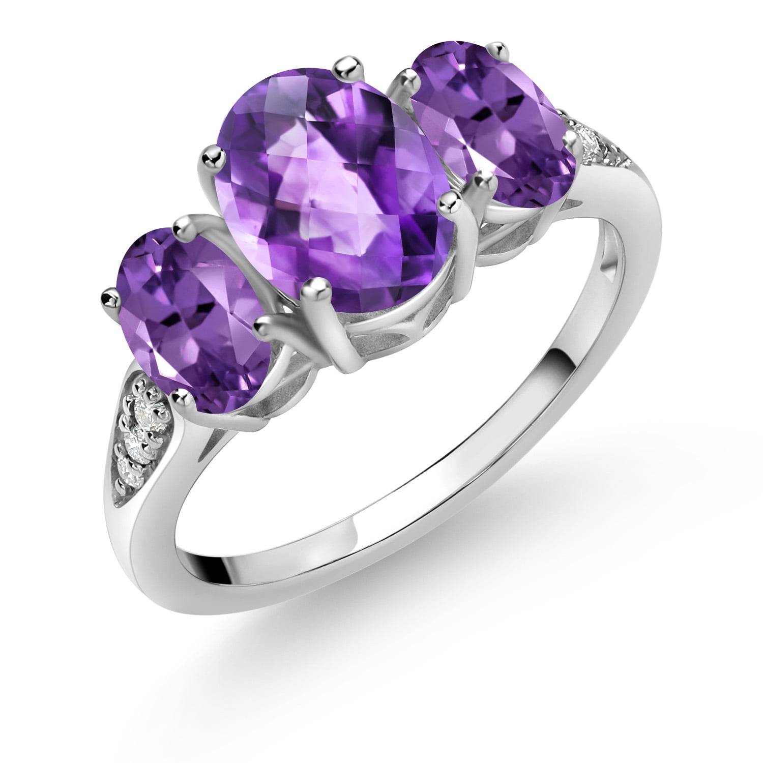 Gem Stone King 10K White Gold Purple Amethyst and White Lab Grown Diamond 3 Stone Engagement Ring for Women (2.14 Cttw, Gemstone Birthstone, Available in Size 5, 6, 7, 8, 9)