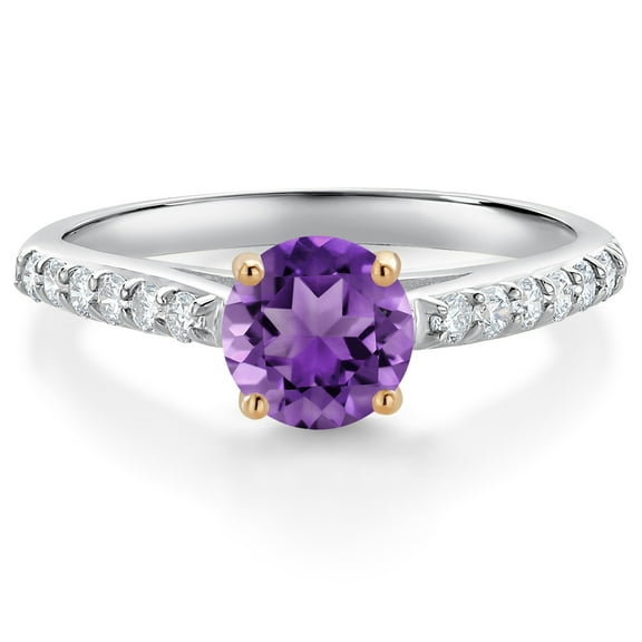Gem Stone King 10K White Gold Purple Amethyst and White Lab Grown Diamond Engagement Ring for Women (1.18 Cttw, Round 6MM, Gemstone February Birthstone, Size 9)