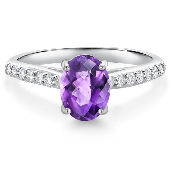 Gem Stone King 10K White Gold Purple Amethyst and White Lab Grown Diamond Engagement Ring for Women (1.38 Cttw, Oval Checkerboard 8X6MM, Gemstone February Birthstone, Size 8)